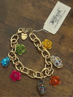 Betsey Johnson Bright Multi-Color Flower & Skull Charm Bracelet - Gold Tone